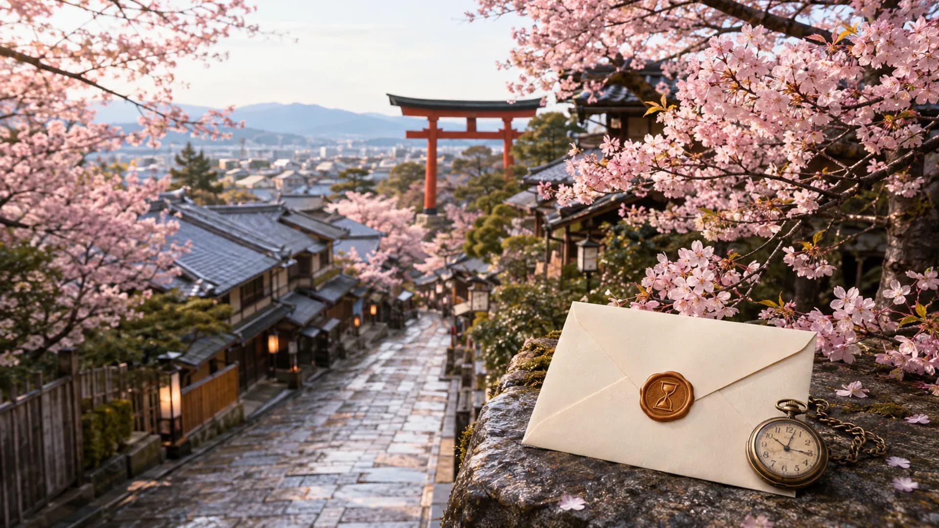 Kyoto'da sakura ağaçlı bir sokakta zaman kapsülü mühürlü mektup ve cep saati