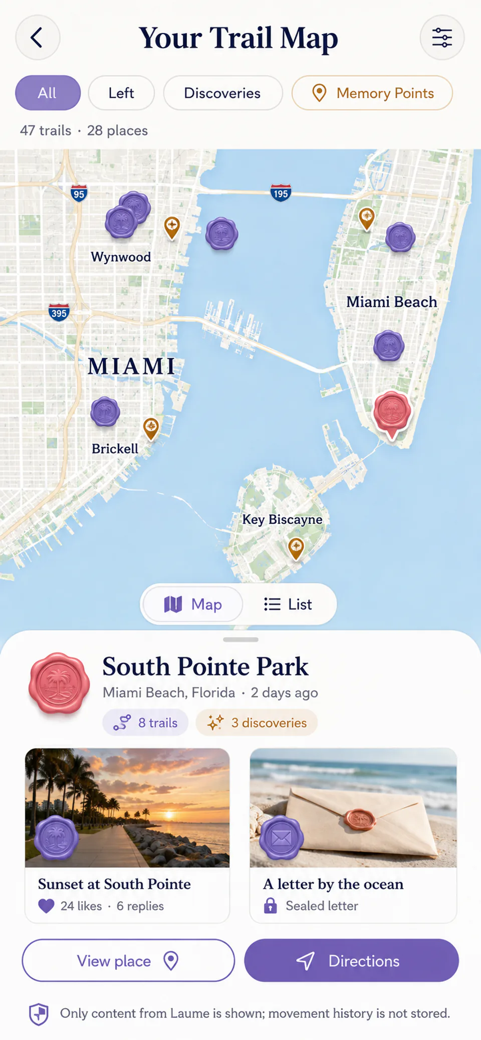 Laume mobil uygulamasında Miami üzerindeki İngilizce İz Haritan ekranı