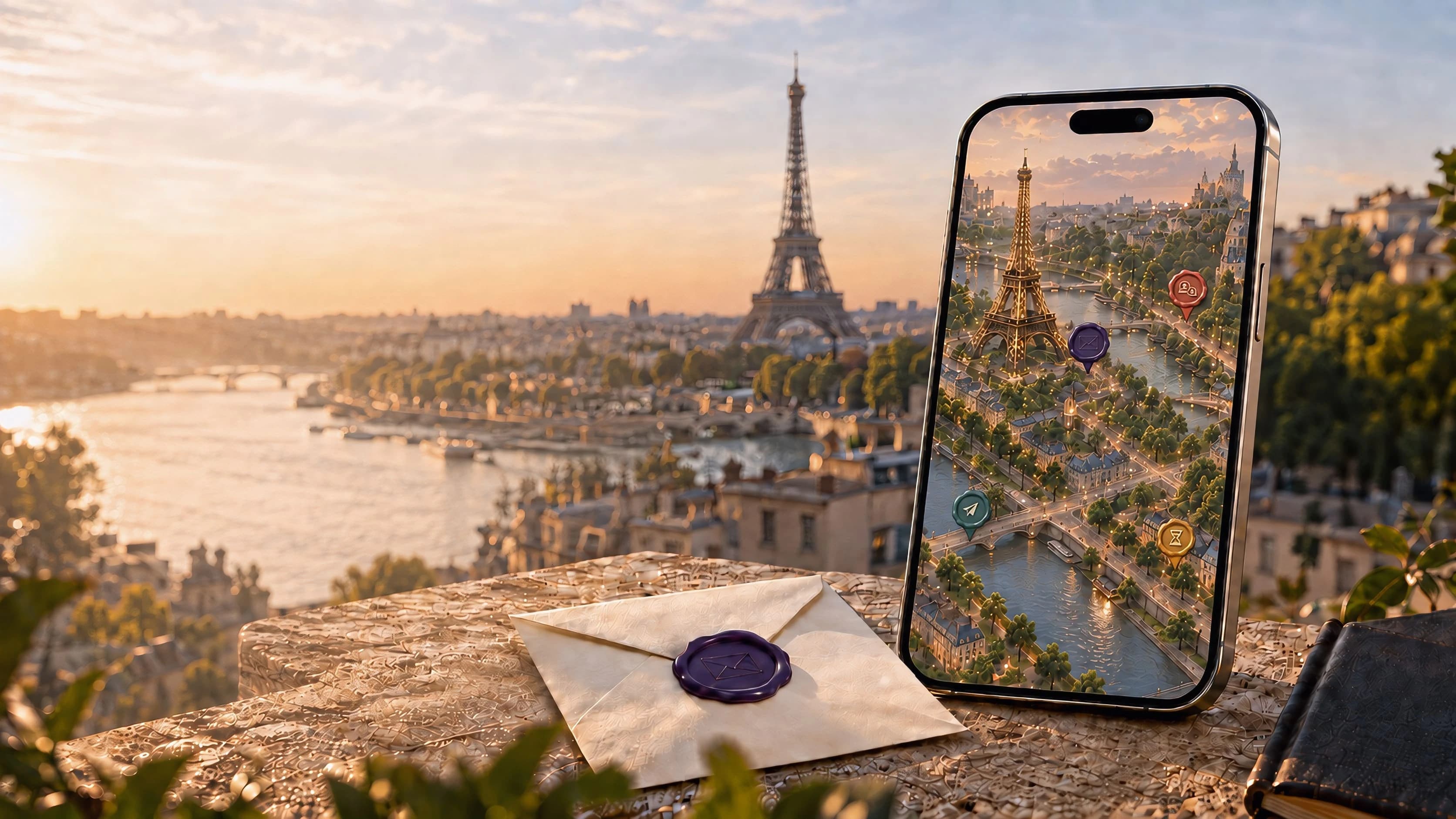 Paris manzarasında Eyfel Kulesi, mühürlü bir mektup ve farklı mektup türlerini gösteren Laume ekranı